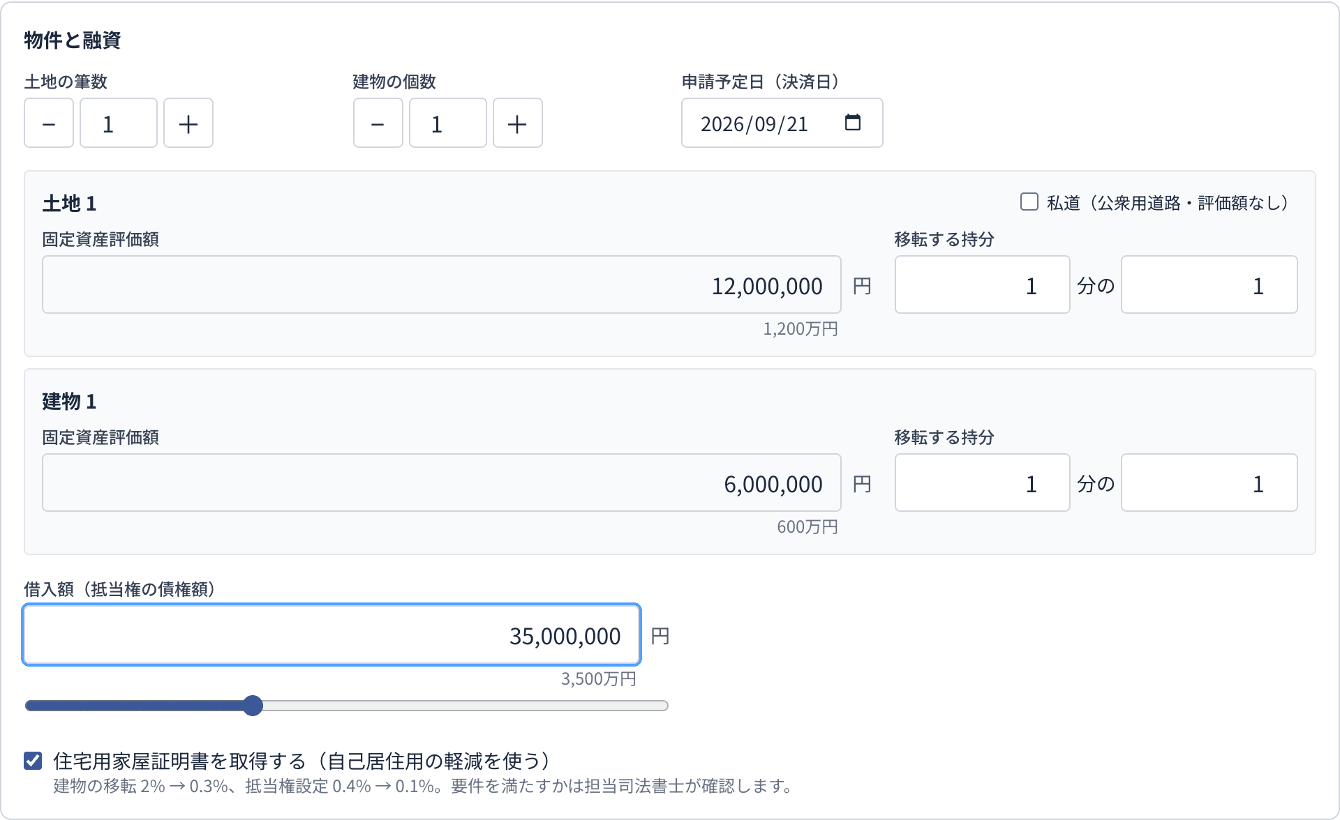 計算ツールの入力欄。土地1筆1,200万円、建物1個600万円、借入額3,500万円を入力した状態