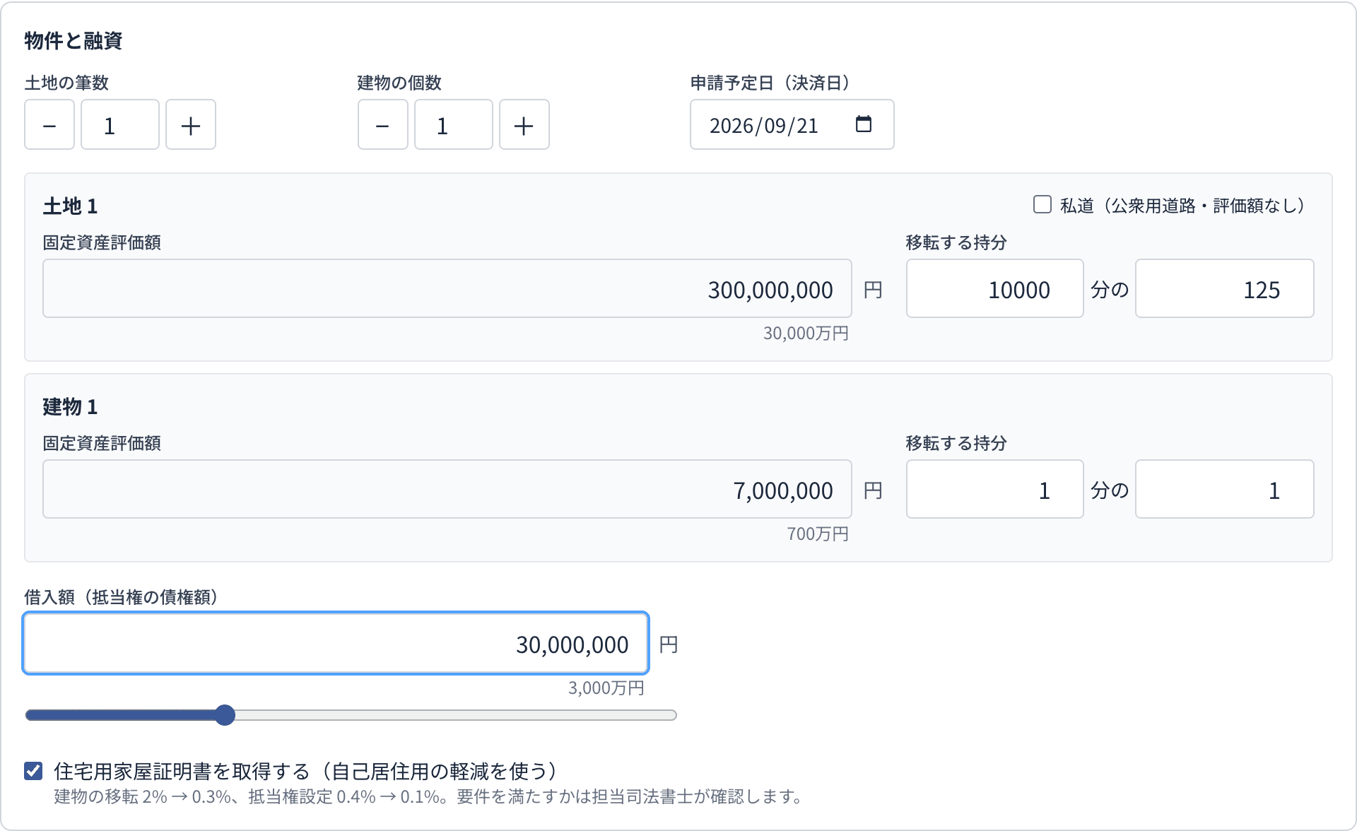 マンションの入力例。敷地全体の評価額3億円に、敷地権の割合10000分の125を持分として入力